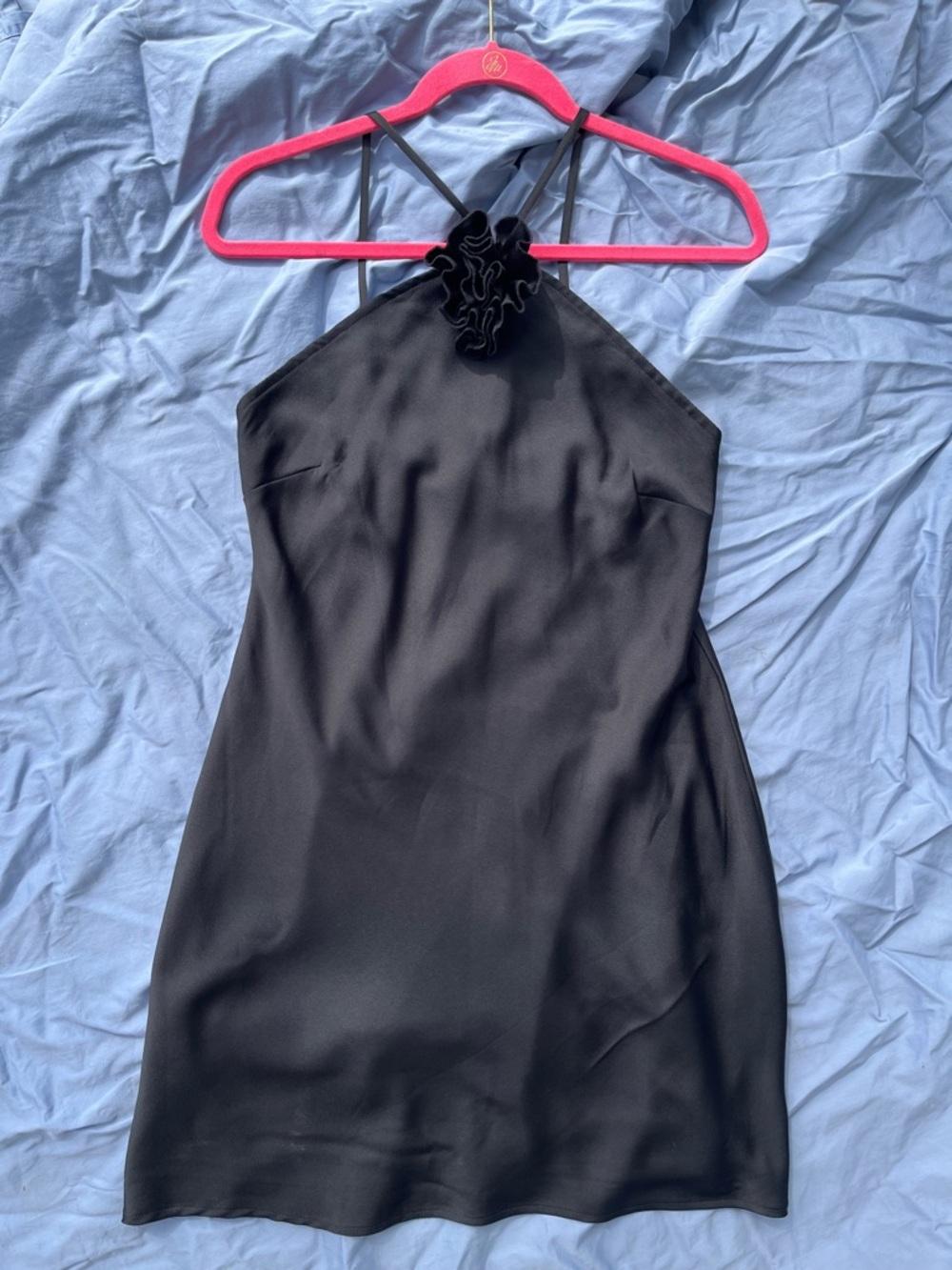 Sleek Black Halter Mini Dress with Ruffle Neck Detail
